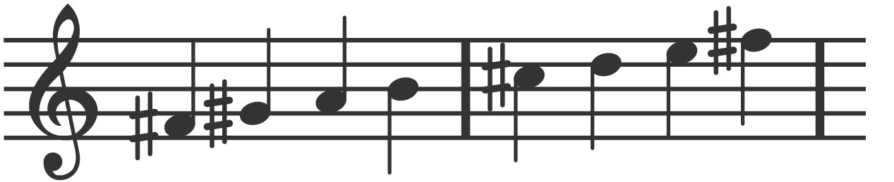 An image of eight crotchets over two bars of musical notation in the treble clef starting and finishing on F sharp using the Aeolian mode.