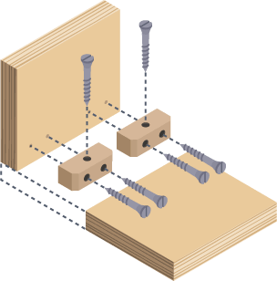 An exploded diagram showing how the different components of a knock-down joint fit together, including dotted lines for instruction.