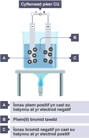 Electrolysis plwm bromid tawdd, mae'n cael ei ddadelfennu i ffurfio ïonau plwm positif (sy'n cael eu hatynnu at yr electrod negatif) ac ïonau bromin negatif (sy'n mynd at yr electrod positif).