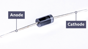Diode photo on a white background - Anode and cathode labelled
