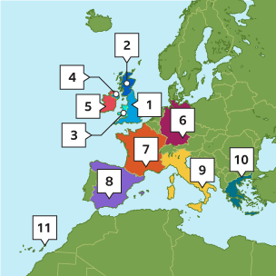 Countries on map of Europe labelled by numbers