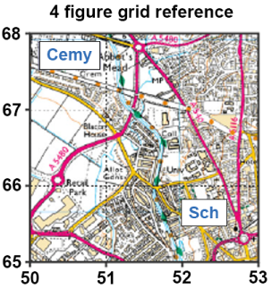 4 figure grid reference OS map with labels: 'Cemy' and 'Sch'