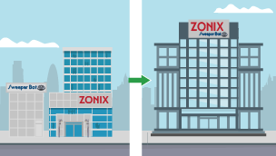 Graphic showing Zonix and SweeperBot companies merging to become one larger company