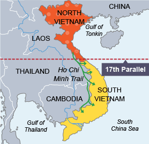 Map showing the 17th Parallel separating North and South Vietnam.