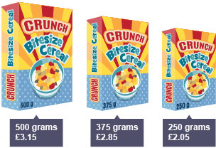 3 boxes of Crunch Bitesize cereal 500g £3.15 375g £2.85 250g £2.05