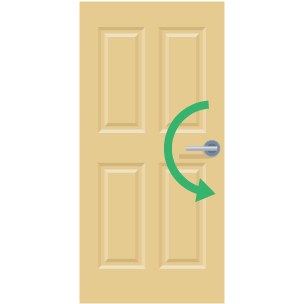 A simple image of a door with handle shows a curved arrow indicating that handle is pushed down on, or turned.