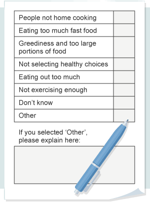 Questionnaire with check boxes next to statements and a box saying 'If you selected 'Other', please explain here: