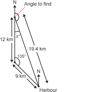 Diagram of bearings triangle with angle to find