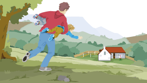 A father running towards a house with two young boys under his arms