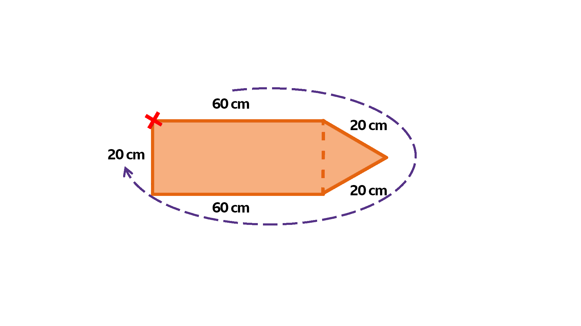 An equilateral triangle with side length 20 cm and a rectangle of length 60 cm