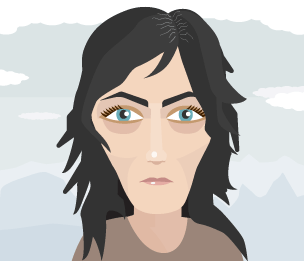 Graffeg o wyneb cymeriad Rowenna.