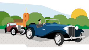 Dau gar yng nghefn gwlad gydag eglwys yn y cefndir.