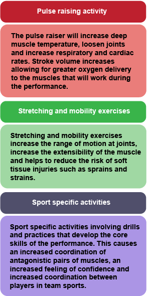 Three primary components of an effective warm up - pulse raising activity, stretching and mobility exercises and sport specific activities.