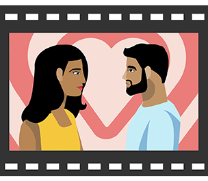 An illustration of a romantic couple with hearts in the background.