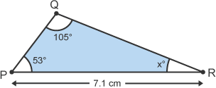 Triangle (PQR) with length 7.1cm. Angles x, 105 and 53 degrees