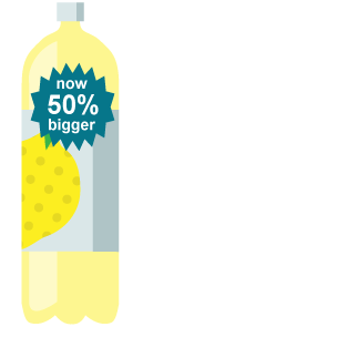 A bottle of lemonade with a label advertising that it is now 50% bigger