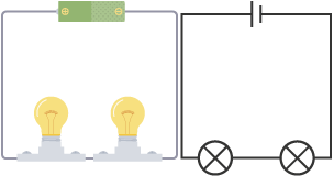 Two images: 1 - A picture of two bulbs in the bottom line of a rectangle, with a battery with plus and minus at the top. Image 2: a diagram of lines in a rectangle, the bottom line has two circles with a cross in the middle of it (a lamp) and the top line has a break with two vertical lines, one longer than the other (a cell).