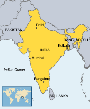 A map of India including major cities