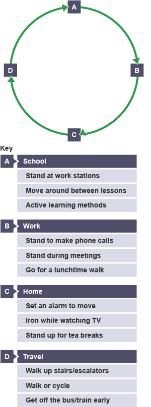 Various alternatives to sedentary lifestyles at school, work, home and whilst travelling are shown.