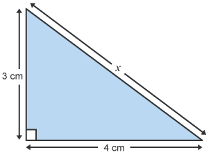 Right-angled triangle with sides of length 3cm, 4cm, and x, which is the hypotenuse