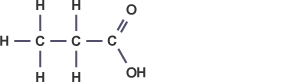 Propanoic acid (C2H5COOH) has structural formula of carbon atom bonded to three hydrogen atoms, joined to carbon with two hydrogens, joined to carbon with hydroxyl group and double-bonded to oxygen.