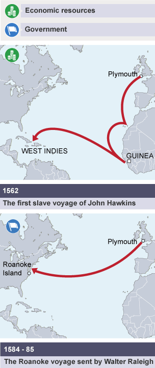 Two maps illustrating the growth of British imperial involvement in the Americas in 1562 and 1584-85