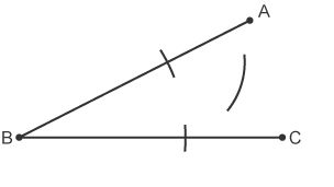 Two lines forming and angle from point B and ending at point A and C with an arc crossing both lines and an arc from intersection between the points