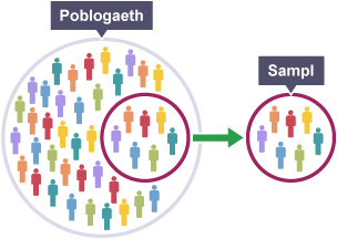 Cylch mawr wedi ei lenwi â ffigurau wedi eu labelu fel Poblogaeth. Mae saeth yn arwain o'r cylch i gylch llai. Mae'r cylch hwn yn cynnwys llai o ffigurau ac mae wedi ei labelu fel Sampl.