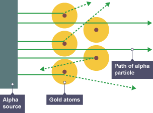 Alpha particles travel from the alpha source and bounce off gold atoms.
