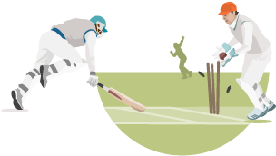 Cricketer throws ball to wicket keeper and runs out a batsman