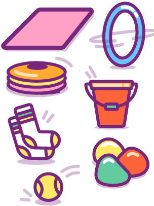 A mat; a hoop; cones; a bucket; bean bags; socks; a ball