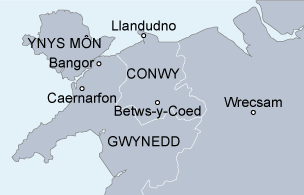 Map yn dangos lle mae Betws-y-Coed, mewn perthynas â rhannau eraill o Ogledd Cymru.