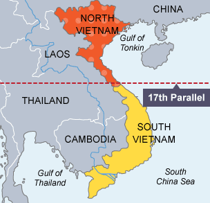 A map of North Vietnam and South Vietnam divided by the 17th Parallel