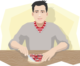 A man spreading cars over toast to depict a 'Traffic Jam'.