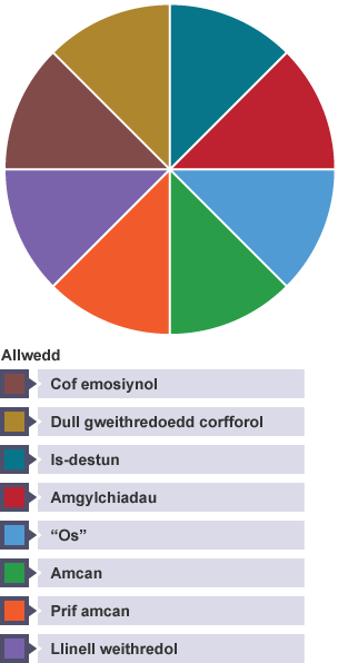 Siart cylch o 8 rhan gyfartal, wedi ei labelu: Cof emosiynol / Dull gweithredoedd corfforol / Is-destun / Amgylchiadau / "Os" / Amcan / Prif amcan / Llinell weithredol