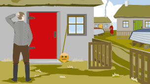 The owner of a croft stands looking at his painted red front door, scratching his head