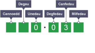 Diagram yn egluro rhannu degolyn â 1000