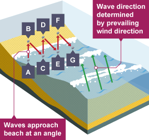 Waves approach a beach at an angle - determined by prevailing wind direction. Waves push rocks up the beach, roll back down and are pushed back up in a zig-zag pattern.