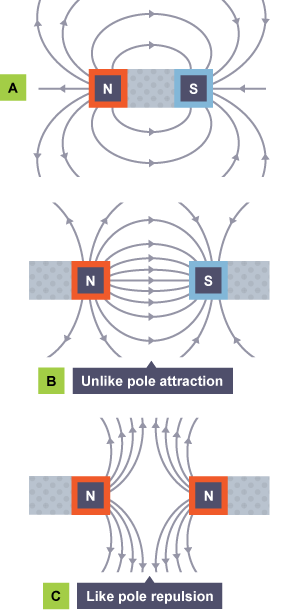 Diagram showing the magnetic field lines of a single bar magnet, two unlike poles attracting, and two like poles repelling.