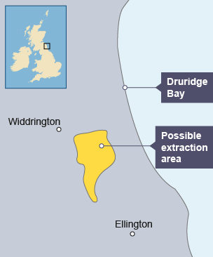 Druridge Bay is on the northeast coast of England. There is a possible extraction area near Widdrington.