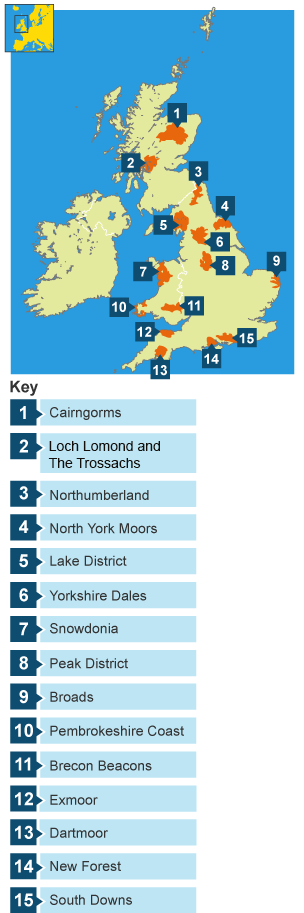 A map of the UK showing the locations of all of the national parks. 