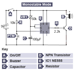555 monostable alarm circuit with variable resistor, NPN transistor, capacitor and 9v power source