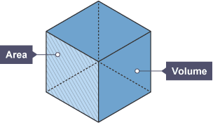 Cube with area and volume labelled