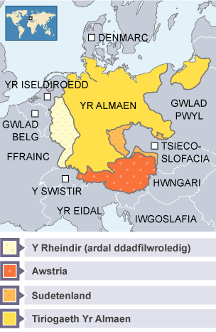 Map yn dangos lleoliad yr Almaen, Awstria, y Rheindir a Sudetenland