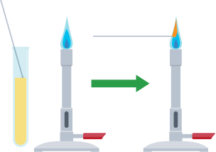 A bunsen burner and a test tube with a substance in it. Some of the substance is placed in the flame of the bunsen burner, causing it to burn a different colour.