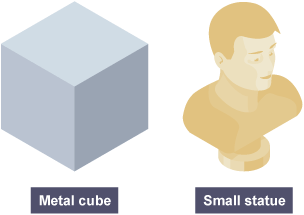 A metal cube and a small statue of a person.