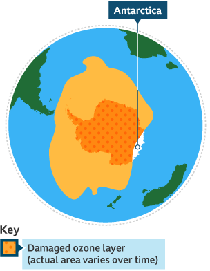 The area of damage to the ozone layer, which varies over time. In the graphic, the damaged area is larger than Antarctica 