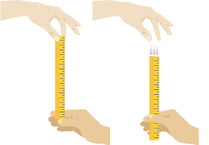 On the left-hand side two hands hold both end of a ruler from top to bottom. On the right hand side one hand has just let go and the second hand at the bottom has caught ruler.