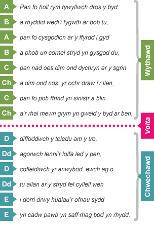 Diagram i arddangos strwythur soned.