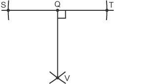 A horizontal line with point labelled "V" above it with a perpendicular line from the horizonatl line to point V with the right angle they form shown